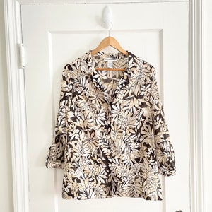 Vintage 90er Jahre Braun Floral Botanische Blume Chic Cottagecore Langarm Seidige Leichte Bluse Damen Medium