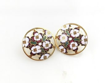 Vintage Cloisonné Enamel Dogwood Flower Floral Stud Earrings