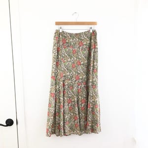 Vintage Brown Pink Green Floral Flower Linen Blend Midi Skirt Womens Size 6