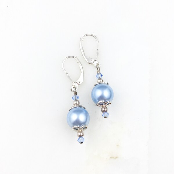Vintage 925 Sterling Silver Blue Deco Pearl Dangle Earrings