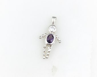 Vintage 925 Sterling Silver February Amethyst Boy Charm Pendant Necklace