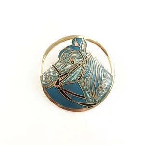 Vintage Cloisonné Gold Tone Enamel Horse Equestrian Pendant Necklace