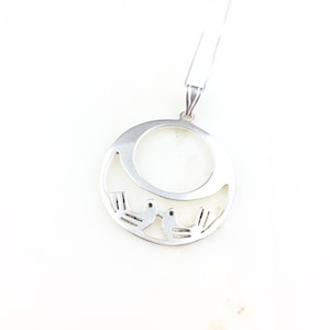 Vintage 925 Mexico Sterling Silver Modernist Love Birds Pendant Necklace