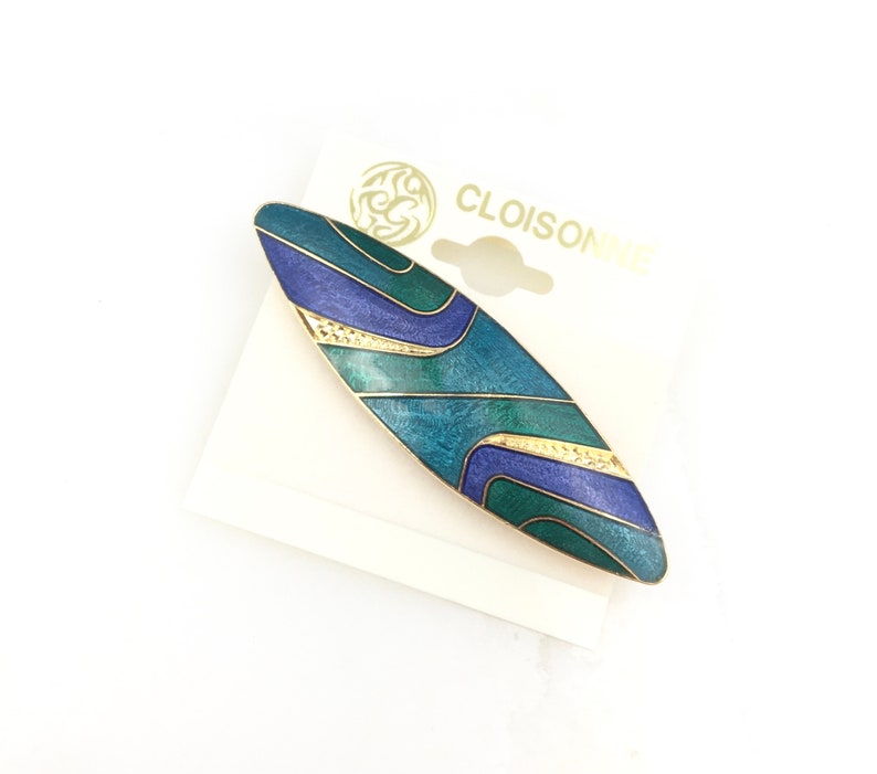 Vintage Gold Tone Enamel Chinese Cloisonne Blue Green Geometric Brooch Pin