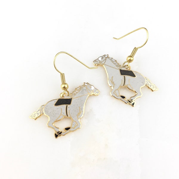 Vintage Cloisonné Chinese Gold Tone Enamel Horse Dangle Earrings