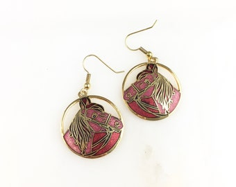 Vintage Cloisonne Pink Gold Enamel Horse Dangle Earrings