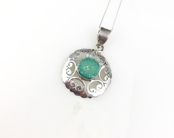 Vintage 925 Sterling Silver Green Druzy Quartz Filigree Pendant Necklace