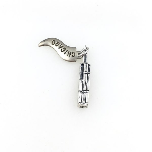 Vintage 925 Sterling Silver Chicago Illinois Travel Willis Tower Charm Pendant Necklace