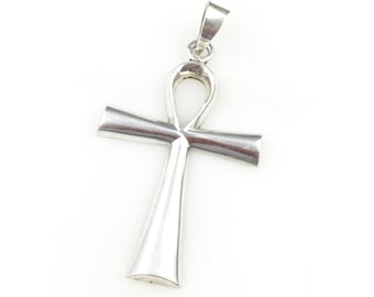 Vintage 925 Sterling Silver Mexico Statement Modernist Egyptian Ankh Cross Pendant Necklace