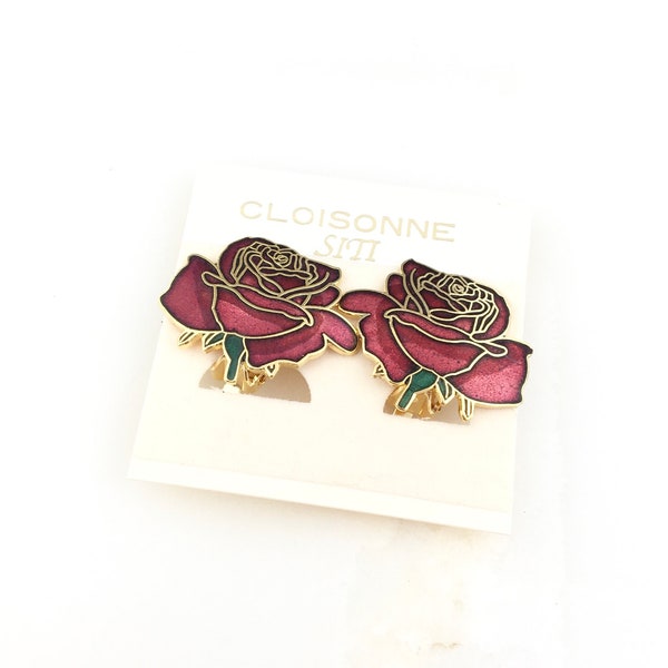 Vintage Cloisonné Enamel Flower Floral Red Rose Clip On Earrings