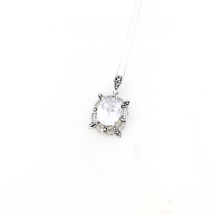 Vintage 925 Deco Sterling Silver CZ Diamond Marcasite Pendant Necklace