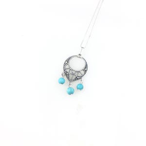 Vintage 925 Sterling Silver Deco Blue Turquoise Marcasite Minimal Pendant Necklace