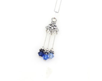 Vintage 925 Sterling Silver Blue Glass Filigree Fringe Pendant Necklace