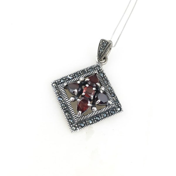 Vintage 925 Deco Sterling Silver Marcasite Red Garnet Glass Pendant Necklace