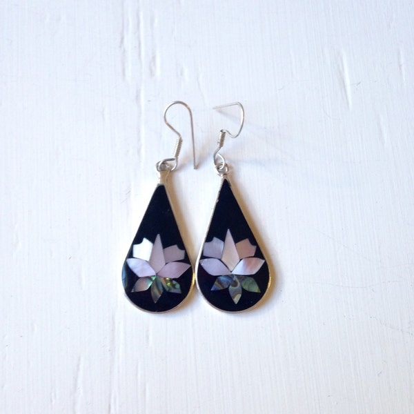 Vintage Mother of Pearl Lotus Earrings // Handmade Mexico Alpaca Abalone Earrings // Shell Flower Earrings