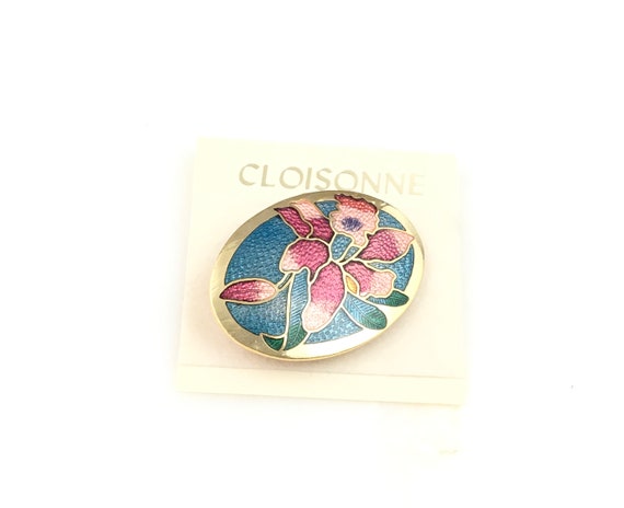 Vintage Cloisonne Gold Tone Enamel Pink Blue Flor… - image 1