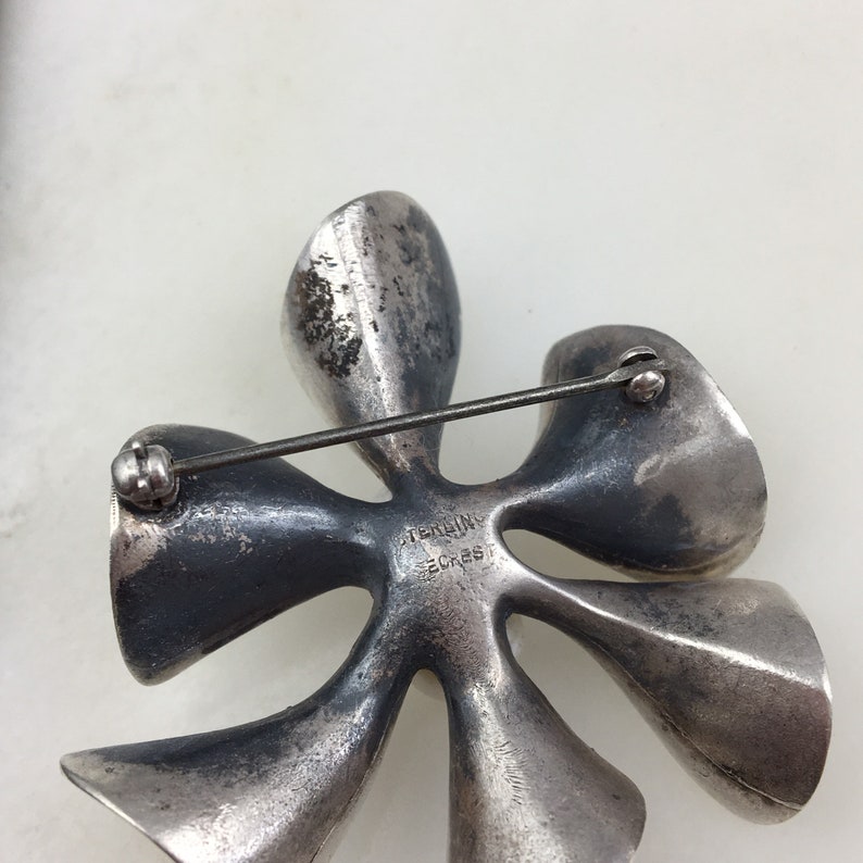 Vintage 925 Sterling Silver Modernist Pearl Flower Floral Brooch Pin