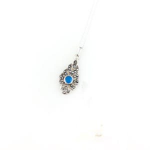 Vintage 925 Sterling Silver Deco Blue Turquoise Marcasite Minimal Pendant Necklace