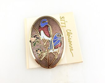 Grande Broche Vintage émaillée Cloisonnée - Oiseaux Et Fleurs - Métal Argenté - Occasion