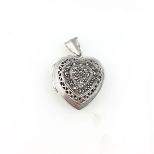 Vintage 925 Sterling Silver Deco Marcasite Heart Locket Pendant Necklace