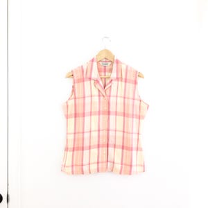 Vintage 90s LL Bean Pink Plaid Sleeveless Button Up Tank Top Blouse Womens Medium