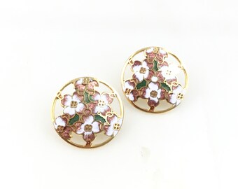 Vintage Cloisonné Enamel Dogwood Flower Floral Stud Earrings