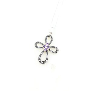 Vintage 925 Sterling Silver Purple Amethyst Marcasite Cross Religious Pendant Necklace