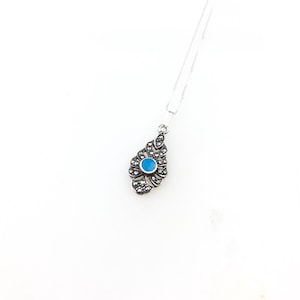 Vintage 925 Sterling Silver Deco Blue Turquoise Marcasite Minimal Pendant Necklace