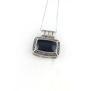 Vintage 925 Sterling Silver Art Deco Black Onyx Marcasite Pendant Necklace