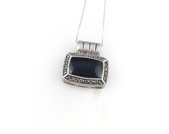 vintage 925 Sterling Silver Art Déco Noir Onyx Marcassite Pendentif Collier