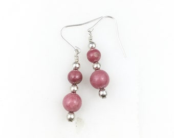 Vintage 925 Sterling Silver Pink Beaded Dangle Earrings