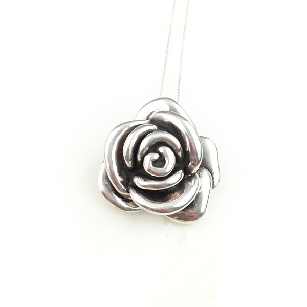 Vintage 925 Sterling Silver Floral Flower Puffy Rose Pendant Necklace