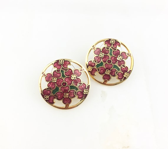 Vintage Cloisonné Enamel Dogwood Red Flower Flora… - image 1