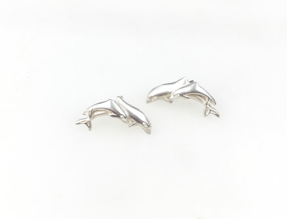 Vintage 925 Sterling Silver Dolphin Studs Earrings - image 1