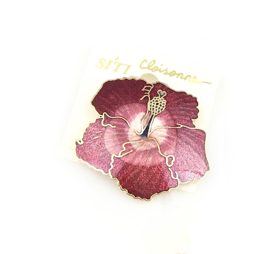 Vintage Cloisonne Gold Tone Enamel Pink Hibiscus … - image 1