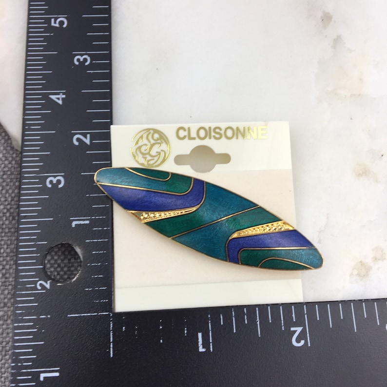 Vintage Gold Tone Enamel Chinese Cloisonne Blue Green Geometric Brooch Pin