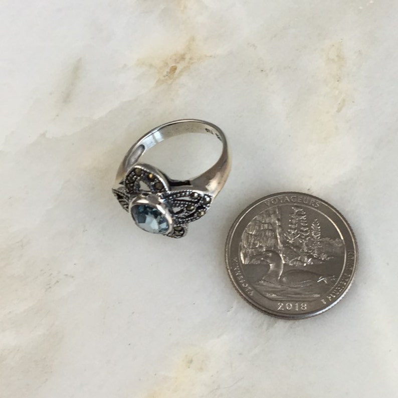 Vintage Sterling Silver Marcasite Topaz Cocktail Ring Size 8.25