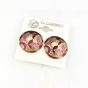 Vintage Cloisonné Enamel Red Flower Floral Butterfly Clip On Earrings