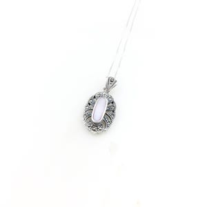 Vintage 925 Deco Sterling Silver Mother of Pearl Marcasite Pendant Necklace