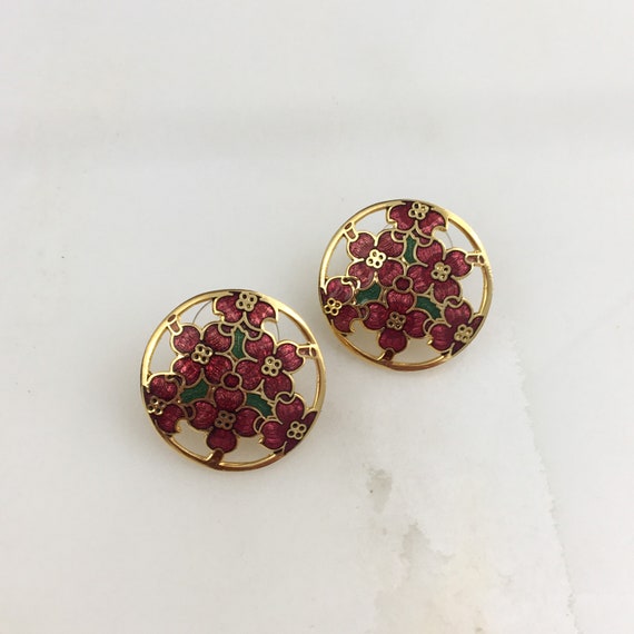 Vintage Cloisonné Enamel Flower Floral Stud Earri… - image 3