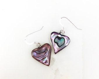 Vintage 925 Sterling Silver Mexico Alpaca Purple Abalone Heart Dangle Earrings