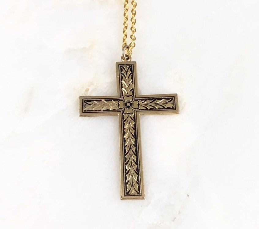 Vintage Gold Floral 12K Gold Filled Cross Pendant Necklace | Etsy