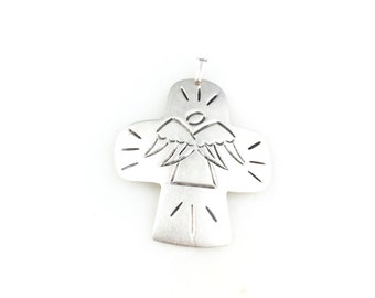 Vintage 925 Sterling Silver Mexico Modernist Angel Religious Cross Pendant Necklace