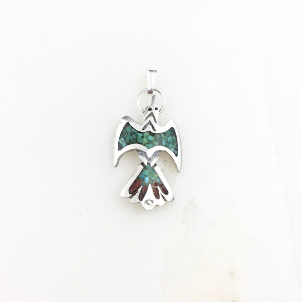 Vintage 925 Sterling Silver Navajo Native American Turquoise Thunderbird Pendant Necklace