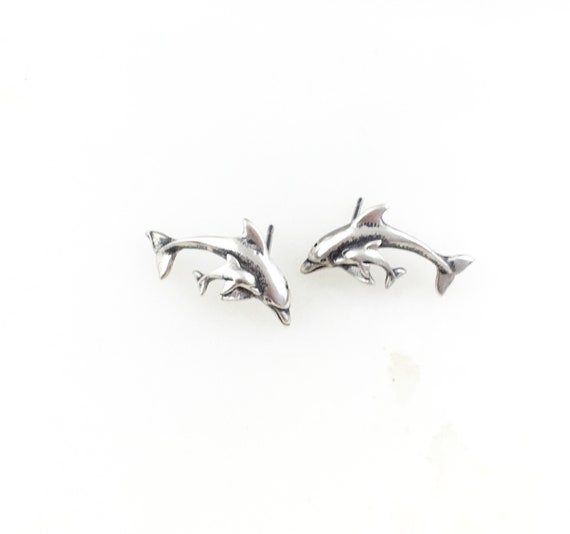 Vintage 925 Sterling Silver Dolphin Stud Earrings - image 1