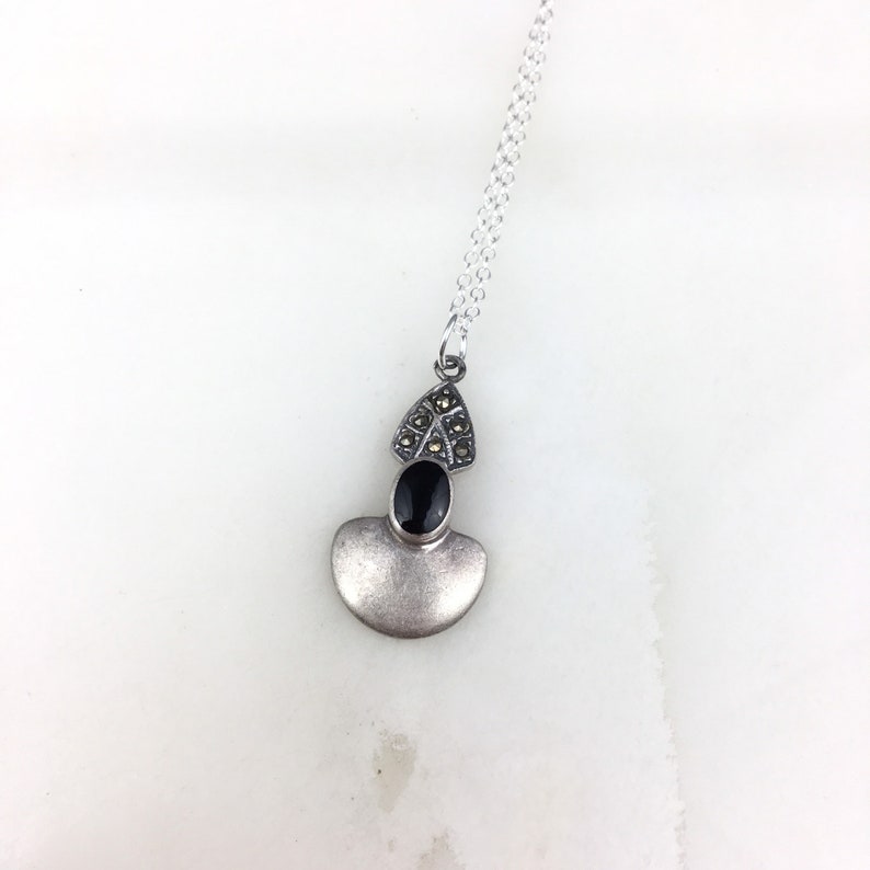 Vintage 925 Sterling Silver Deco Onyx Marcasite Pendant Necklace