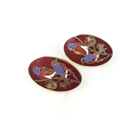 Vintage Cloisonne Chinese Enamel Bird Stud Earrin… - image 1