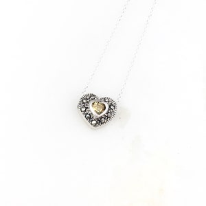 Vintage 925 Sterling Silver Deco Citrine Glass Dainty Minimal Marcasite Heart Pendant Necklace