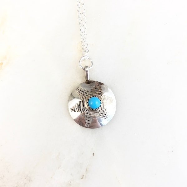 Vintage 925 Sterling Silver Navajo Native American Turquoise Charm Pendant Necklace
