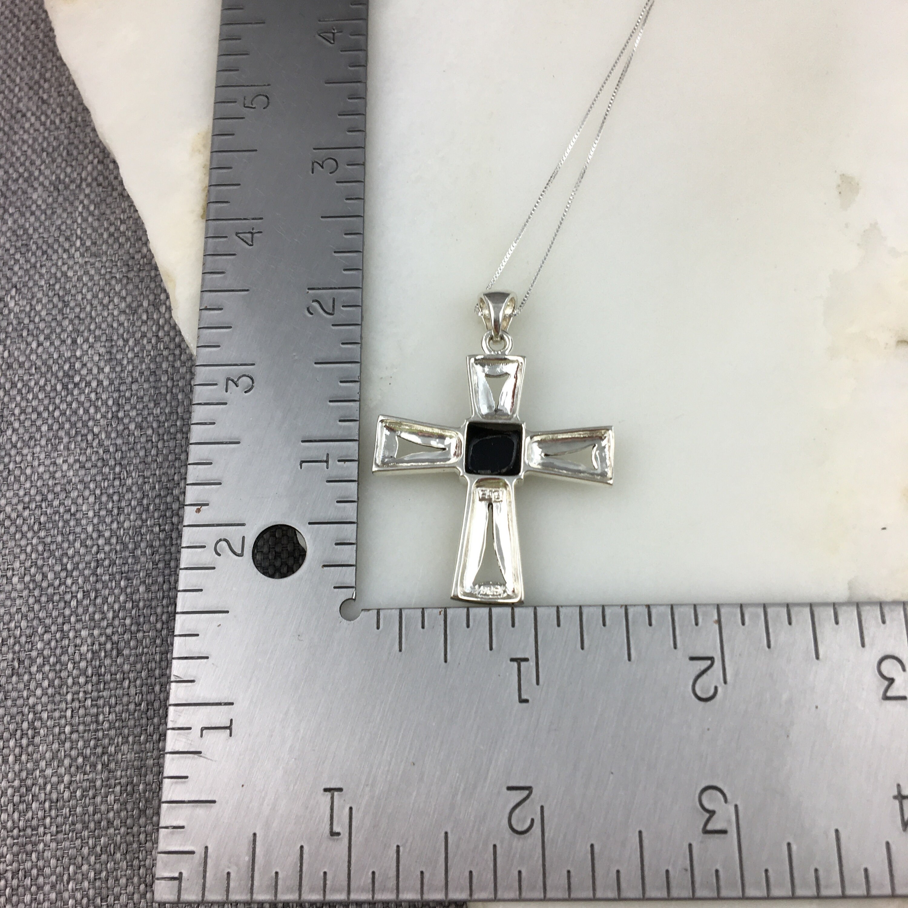 Collier Art Déco En Argent 925 - Pendentif Croix Avec Onyx Et Marcassites - Chaîne Incluse